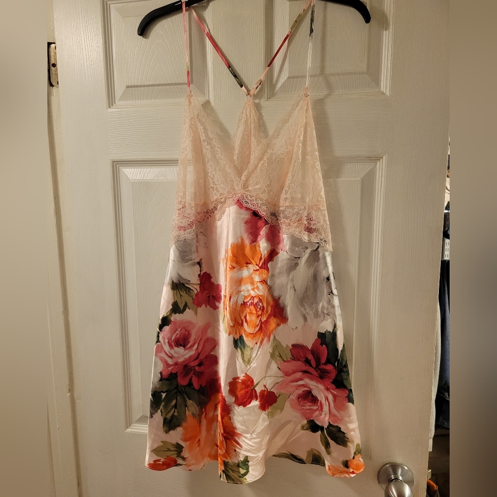 Floral Lace Trim Satin Chemise Slip - Pink & Peach Floral NWT Size XL